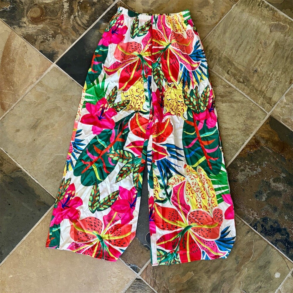 SHEIN Pants Womens Size S Multicolor Tropical Floral Wide-Leg Palazzo Boho
